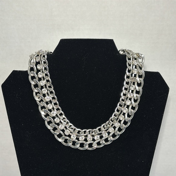Jewelry - Chunky Chain Link Rhinestone Triple Strand Silver Tone Choker Necklace 15”